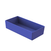 A rectangular, deep, open cast aluminum bowl in solid blue is shown on a white background. The tray has straight sides and a smooth surface, with no visible patterns or handles—ideal as a cold holding bowl.