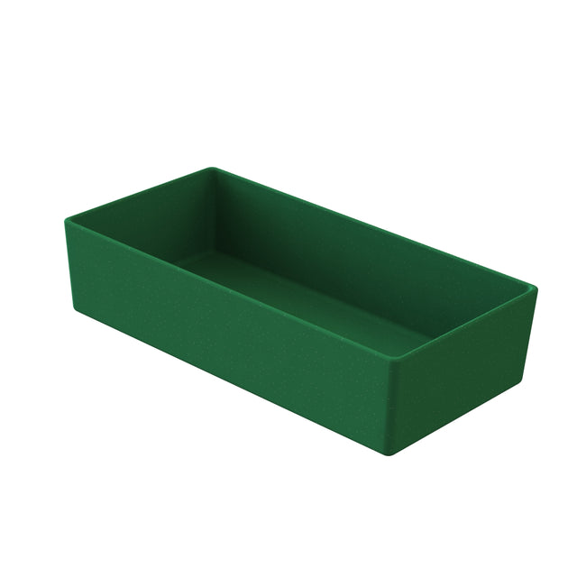 A rectangular, deep, dark green plastic tray with straight sides and no visible handles or markings, shown on a white background. This cold holding bowl features smooth inner and outer surfaces and is empty.