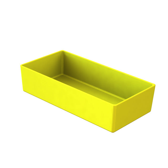 A bright yellow, rectangular plastic tray with high sides and smooth surfaces, shown on a white background. NSF dishwasher safe, the tray is empty and positioned at an angle, displaying both its interior and exterior.