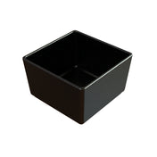 A black, square-shaped cast aluminum bowl with straight sides and a matte finish, viewed from a slightly elevated angle. The interior and exterior are uniformly black with subtle speckled detailing, and the background is plain white.