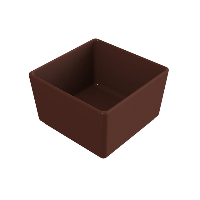 A small, brown, square-shaped cast aluminum bowl with smooth sides and rounded edges. The bowl is empty and placed on a white background, viewed slightly from above at an angle, showing both the interior and two of the outer sides.