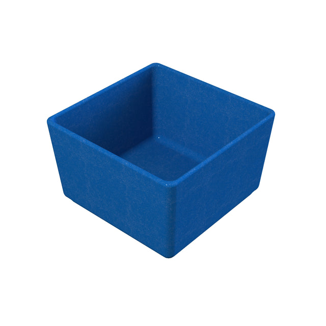 A blue, square-shaped, open-top container is shown against a white background. Made of sturdy plastic with slightly rounded top edges, this bin is ideal for use as a dishwasher safe cold holding bowl for food service or storage needs.