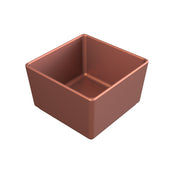 A small, empty, square-shaped cold holding bowl with gently rounded edges and a matte copper finish is shown against a plain white background. Crafted from Duracoat cast aluminum, it boasts a modern, minimalist design.