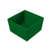 A solid green, square-shaped cold holding bowl with straight sides and a smooth surface, made from Duracoat coated cast aluminum and NSF certified, shown empty and viewed from a slightly elevated angle on a white background.