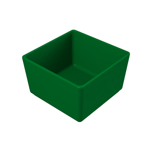 A solid green, square-shaped cold holding bowl with straight sides and a smooth surface, made from Duracoat coated cast aluminum and NSF certified, shown empty and viewed from a slightly elevated angle on a white background.