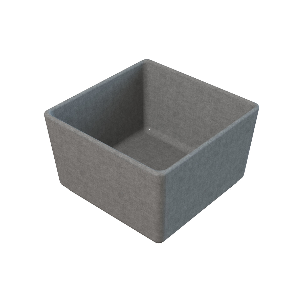 A digital rendering of a square, gray, concrete planter or container with smooth surfaces and sharp edges. Reminiscent of a cast aluminum bowl, the planter is empty, revealing its inner and outer walls from an angled, overhead perspective.