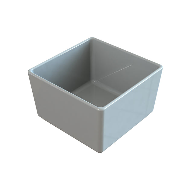 A shiny, light gray, empty square ceramic bowl with smooth surfaces and rounded edges. Perfect as a cold holding bowl, it is photographed on a white background with subtle reflections highlighting its glossy finish.