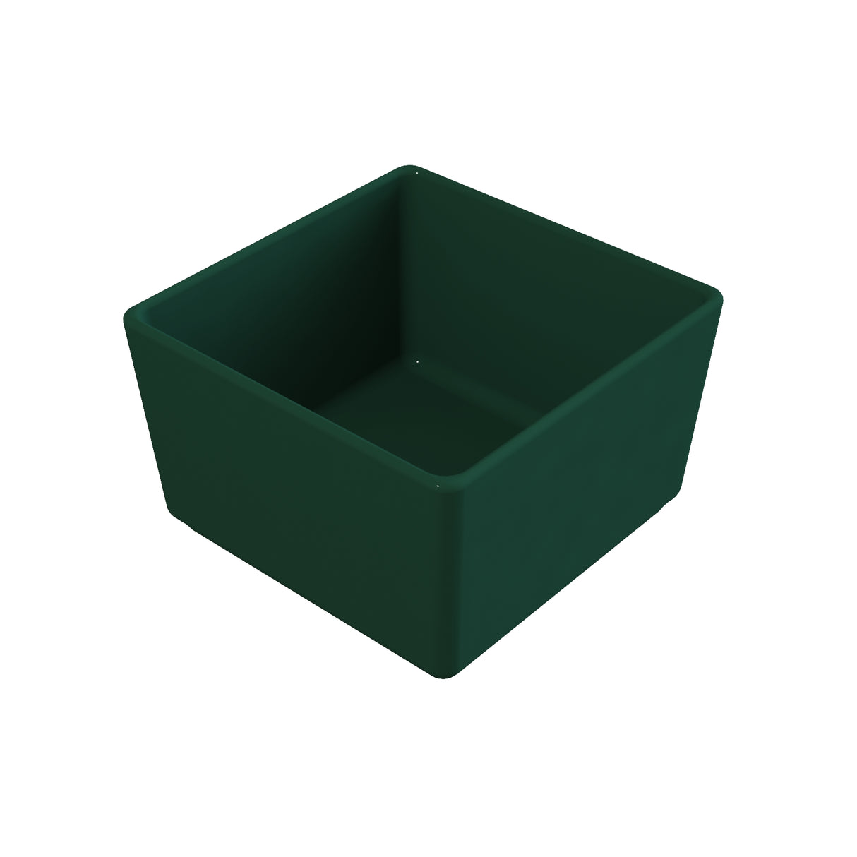 A dark green, empty, square-shaped dishwasher safe bowl with slightly rounded edges. The container is shown angled from above, highlighting its depth and smooth interior. The background is plain white.