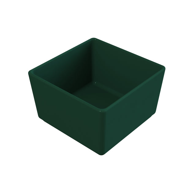 A dark green, empty, square-shaped dishwasher safe bowl with slightly rounded edges. The container is shown angled from above, highlighting its depth and smooth interior. The background is plain white.