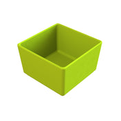 A bright green, glossy, empty cast aluminum bowl with straight sides and sharp edges, shown from an angled perspective on a plain white background.