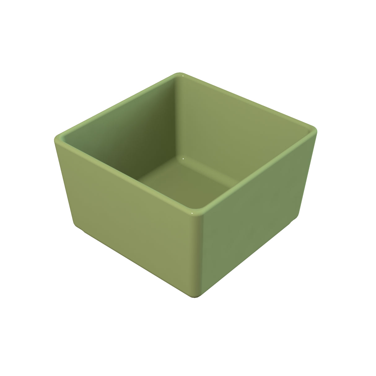 A plain, empty, light green cast aluminum bowl with straight sides and a smooth surface is centered on a white background. The container has a slightly rounded top edge and an open top, showing its interior.