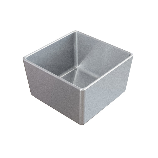 A square, metallic, silver-colored cold holding bowl with straight sides and sharp corners, photographed against a plain white background. The container appears empty, made of smooth, reflective metal.