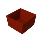 A small, empty, square-shaped Duracoat cast aluminum bowl with deep red, glossy sides, viewed at an angle on a white background. The bowl features straight edges, sharp corners, and a smooth, simple design.