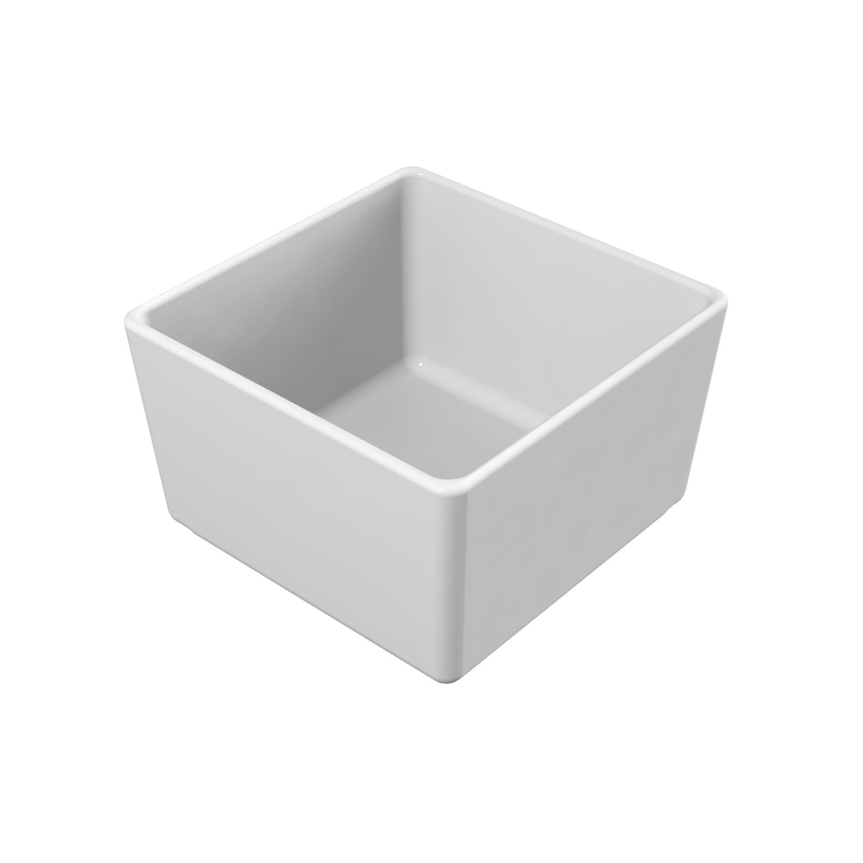 A plain white, square ceramic bowl with smooth surfaces and sharp corners, shown empty against a white background. This dishwasher safe bowl’s simple, modern design is clearly visible from a slightly elevated angle.