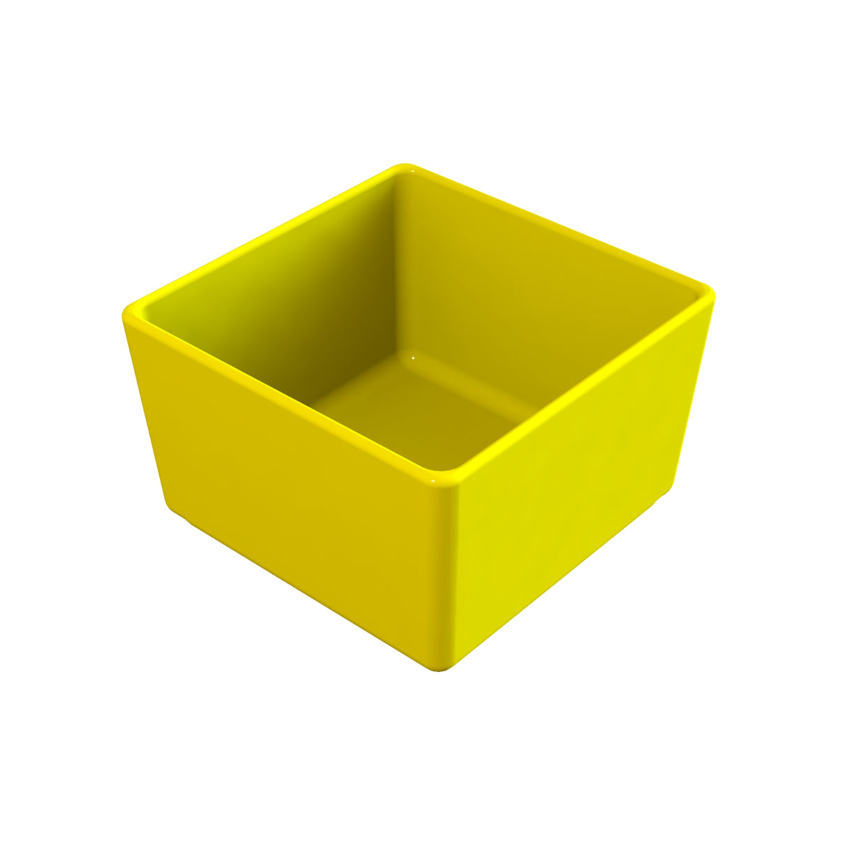 A bright yellow, square-shaped dishwasher safe bowl with smooth sides and rounded edges, shown empty and angled to reveal both the side and interior against a plain white background.
