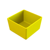 A bright yellow, square-shaped dishwasher safe bowl with smooth sides and rounded edges, shown empty and angled to reveal both the side and interior against a plain white background.