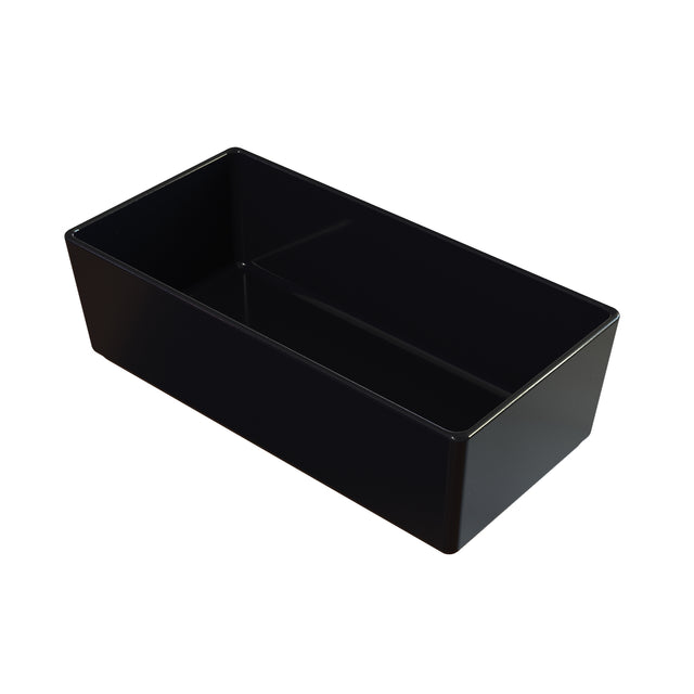 A rectangular, open-top black box with smooth, glossy surfaces and sharp corners is shown on a white background. Reminiscent of a cold holding bowl, the box appears empty and is viewed from an angle, revealing the interior and depth.