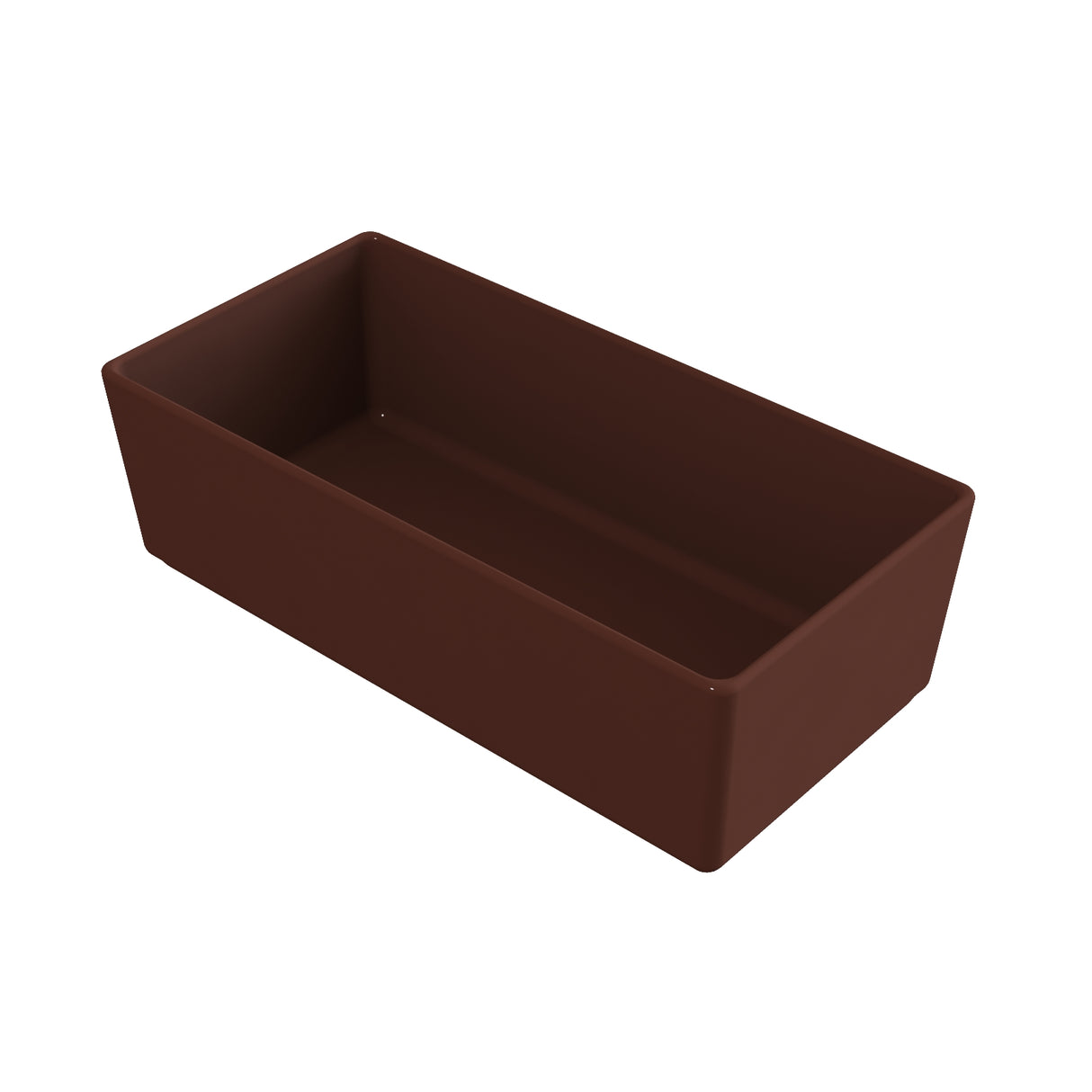 A rectangular, deep brown cast aluminum bowl with straight sides and a flat bottom is shown on a white background. The smooth, solid material suggests it could be used as a cold holding bowl for serving or storing food.
