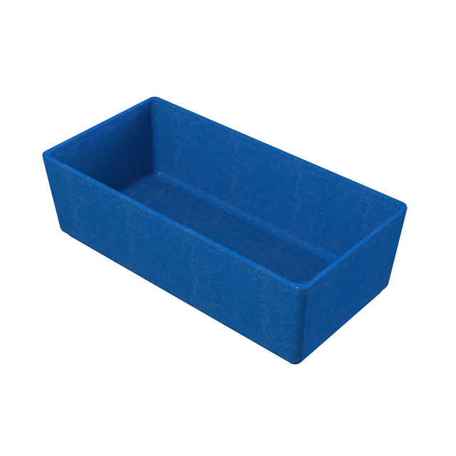 A rectangular blue plastic bin with straight sides and no lid, shown at an angle on a white background. The bin has a smooth surface, appears empty, and is dishwasher safe for easy cleaning.