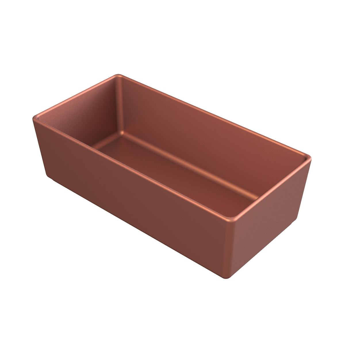 A rectangular, deep, copper finish bowl-style metal loaf pan with smooth sides and slightly rounded interior corners sits empty on a plain white background, viewed at an angle to highlight its depth.