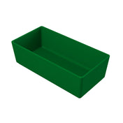 A rectangular, deep, solid green NSF rectangular bowl with straight sides and slightly rounded corners, pictured against a plain white background. The empty bin features a smooth, glossy surface.