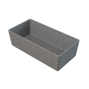 A rectangular, deep, gray cast aluminum bowl with straight sides and no visible handles, photographed on a white background. The slightly rough texture resembles concrete or stone. The container is empty and shown from an angled overhead perspective.