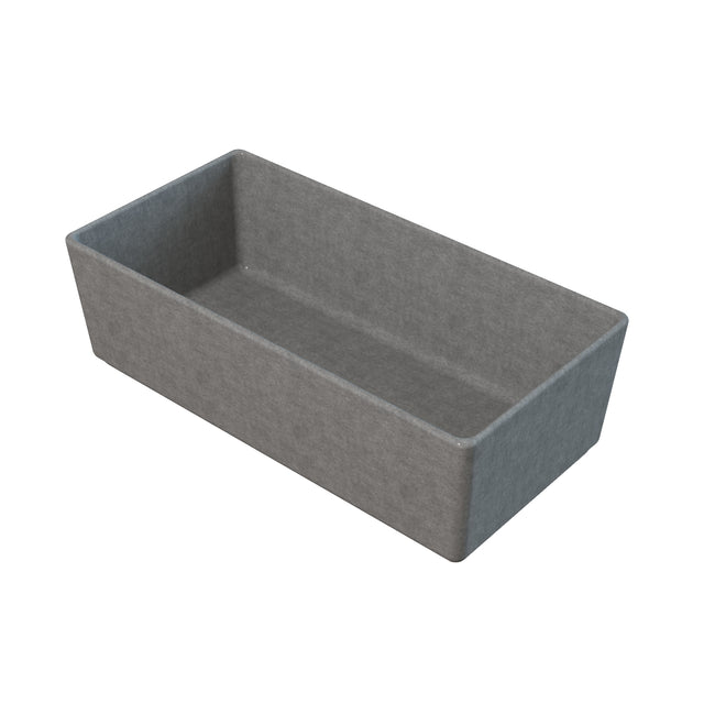 A rectangular, deep, gray cast aluminum bowl with straight sides and no visible handles, photographed on a white background. The slightly rough texture resembles concrete or stone. The container is empty and shown from an angled overhead perspective.