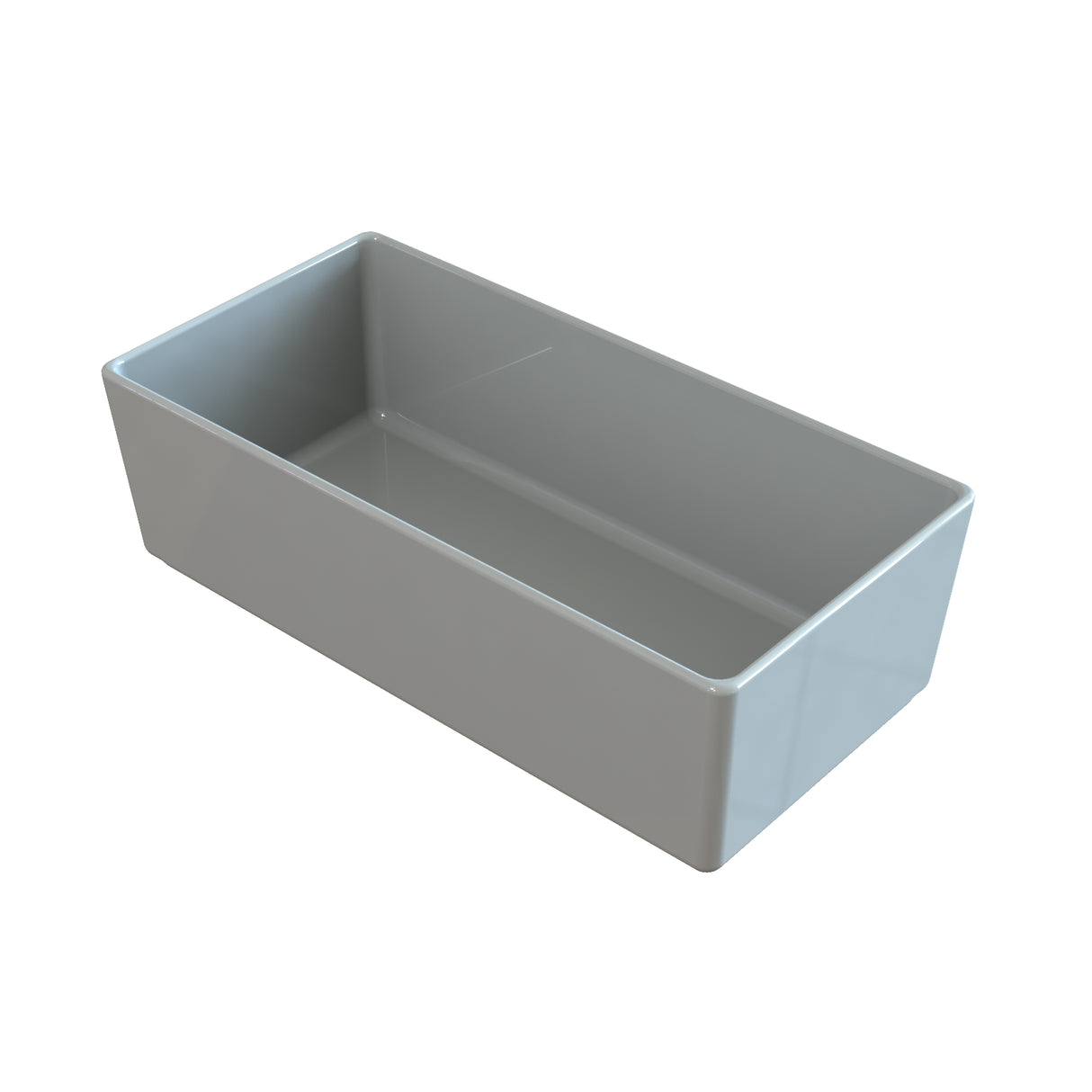 A rectangular, light gray NSF bowl with smooth surfaces and slightly rounded edges, shown on a white background and tilted to display both the interior and two visible sides.