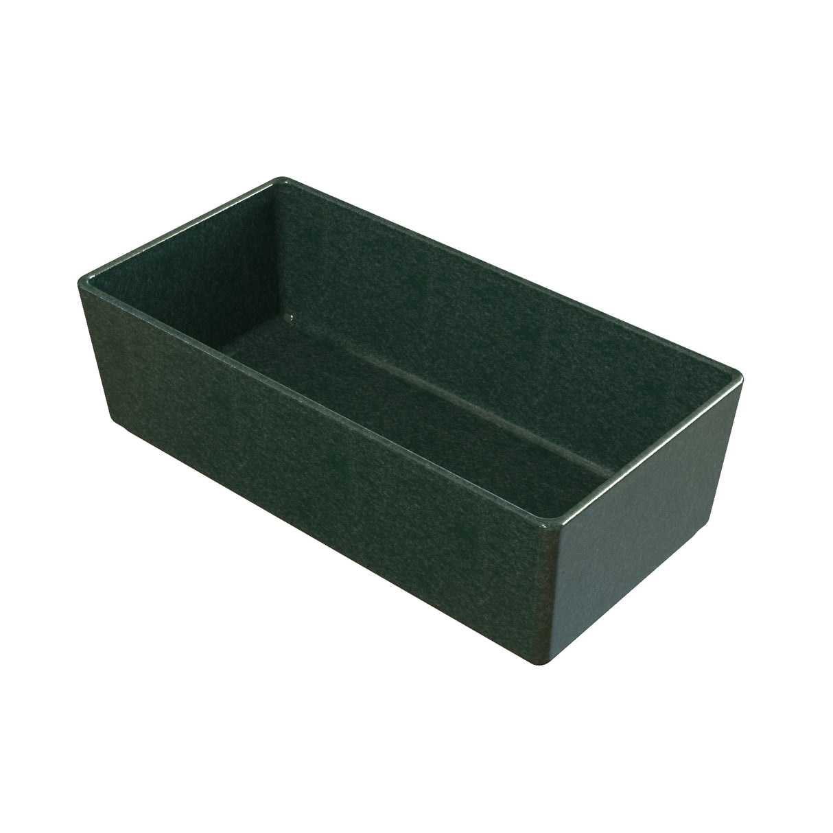 A rectangular, dark green plastic cold holding bowl with high sides and a smooth surface, photographed against a white background. The container appears empty and is viewed from an angle that shows its depth and open top.