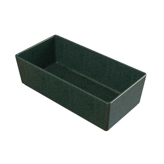 A rectangular, dark green plastic cold holding bowl with high sides and a smooth surface, photographed against a white background. The container appears empty and is viewed from an angle that shows its depth and open top.