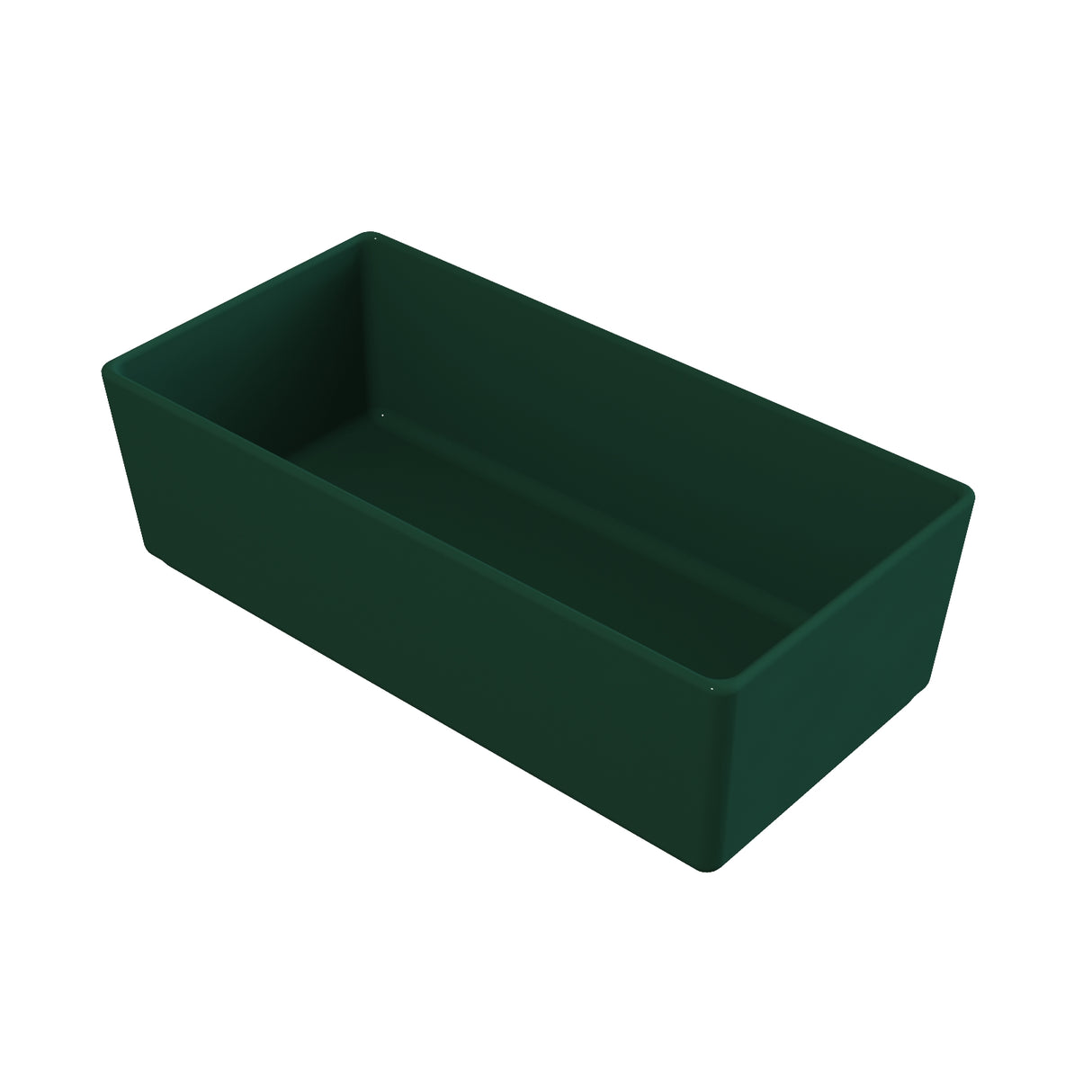 A rectangular, deep green plastic tray with straight sides and rounded inner edges, shown on a white background. This dishwasher safe tray is empty and positioned at an angle, revealing its inside and depth.