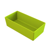 A rectangular, lime-green plastic cold holding container with smooth sides and sharp corners, shown empty on a white background. The open-top container features a simple, modern design ideal for keeping items fresh.