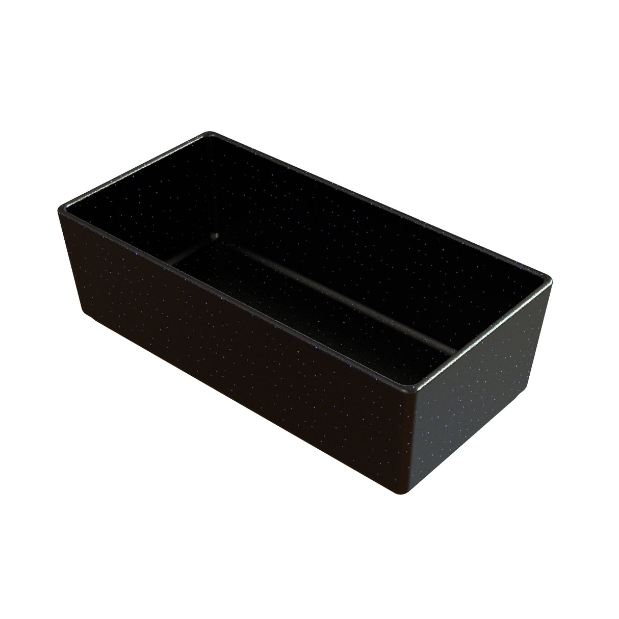 A rectangular, deep, black cast aluminum bowl with smooth sides and small white speckles evenly distributed across its surface. The empty container is photographed at an angle, showing both the inside and two outer sides.