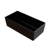 A rectangular, deep, black cast aluminum bowl with smooth sides and small white speckles evenly distributed across its surface. The empty container is photographed at an angle, showing both the inside and two outer sides.