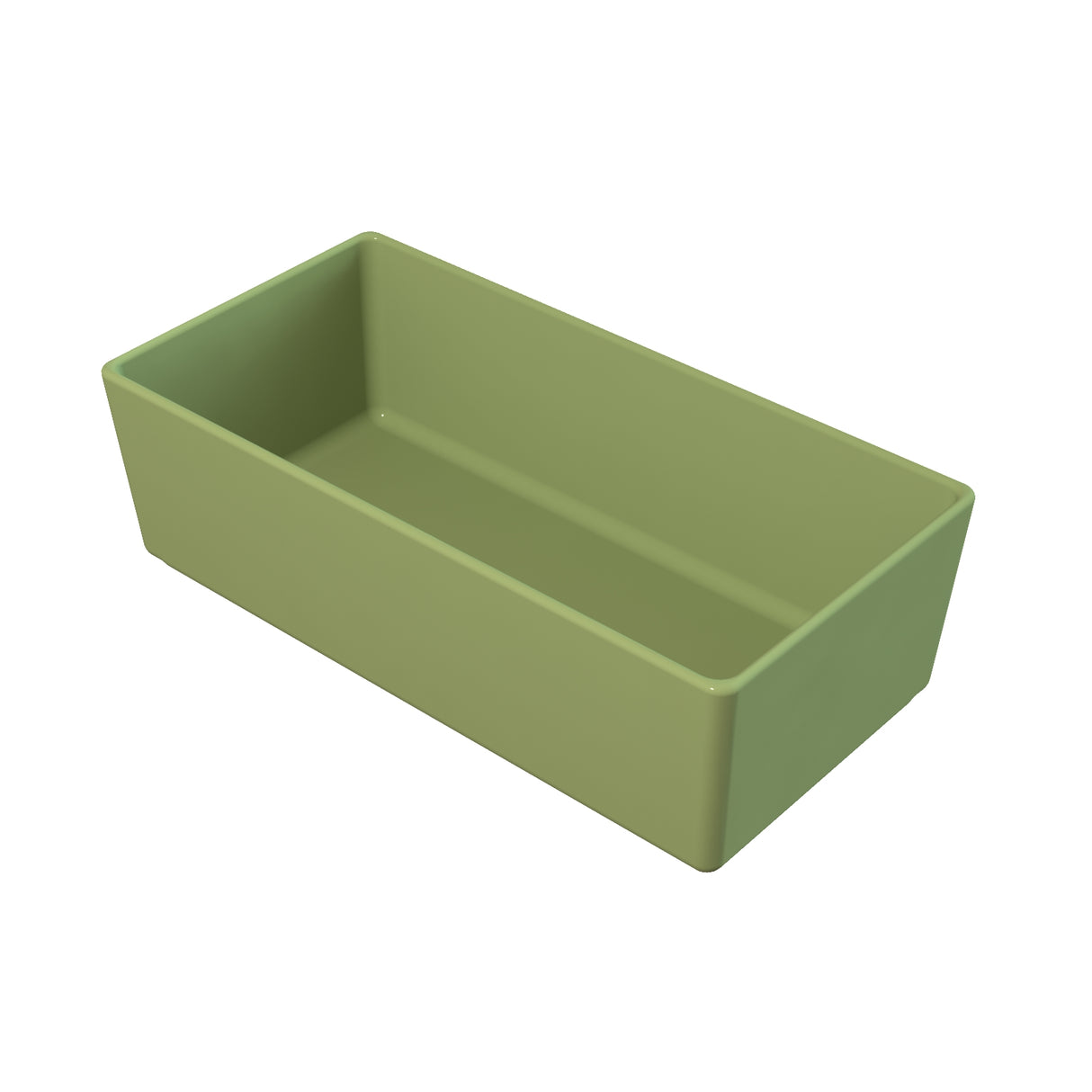 A rectangular, olive green cold holding bowl with straight sides and a smooth, glossy finish. The empty dishwasher safe bowl is viewed from an angle, showing the interior and top edges against a plain white background.
