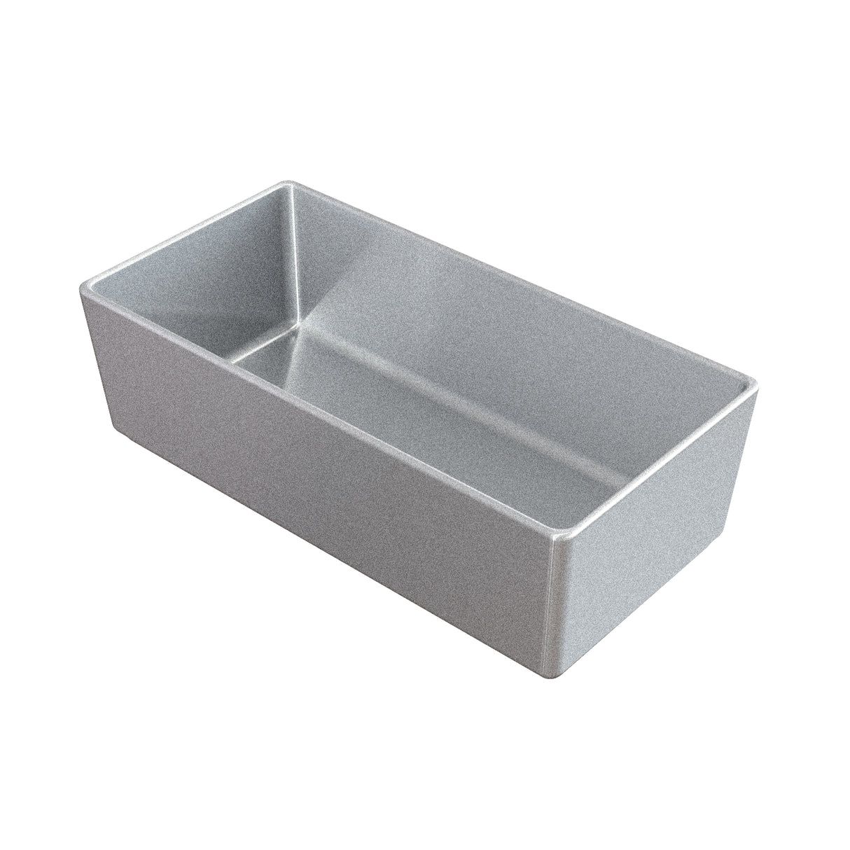 A silver rectangular cold holding bowl crafted from sand cast aluminum sits against a white background.