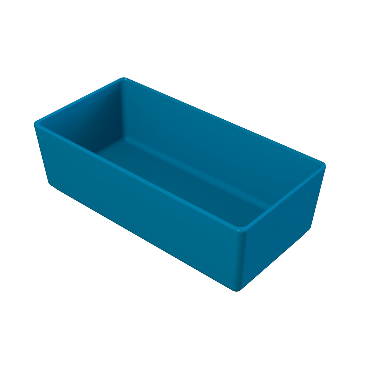 A rectangular, deep, blue plastic tray with straight sides and a smooth surface, shown at a three-quarter angle on a white background. The tray is empty, unadorned, and dishwasher safe for easy cleaning.