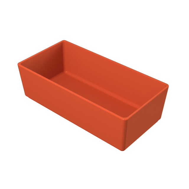 A rectangular, deep, orange tray with straight sides and a smooth surface, viewed at an angle against a plain white background. The tray appears to be a dishwasher safe bowl made of plastic or ceramic and is empty.