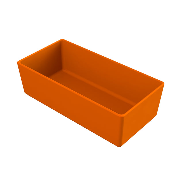 A rectangular, open-top orange cold holding bowl with smooth sides and sharp corners is shown on a white background. The container appears to be made of plastic and is empty.