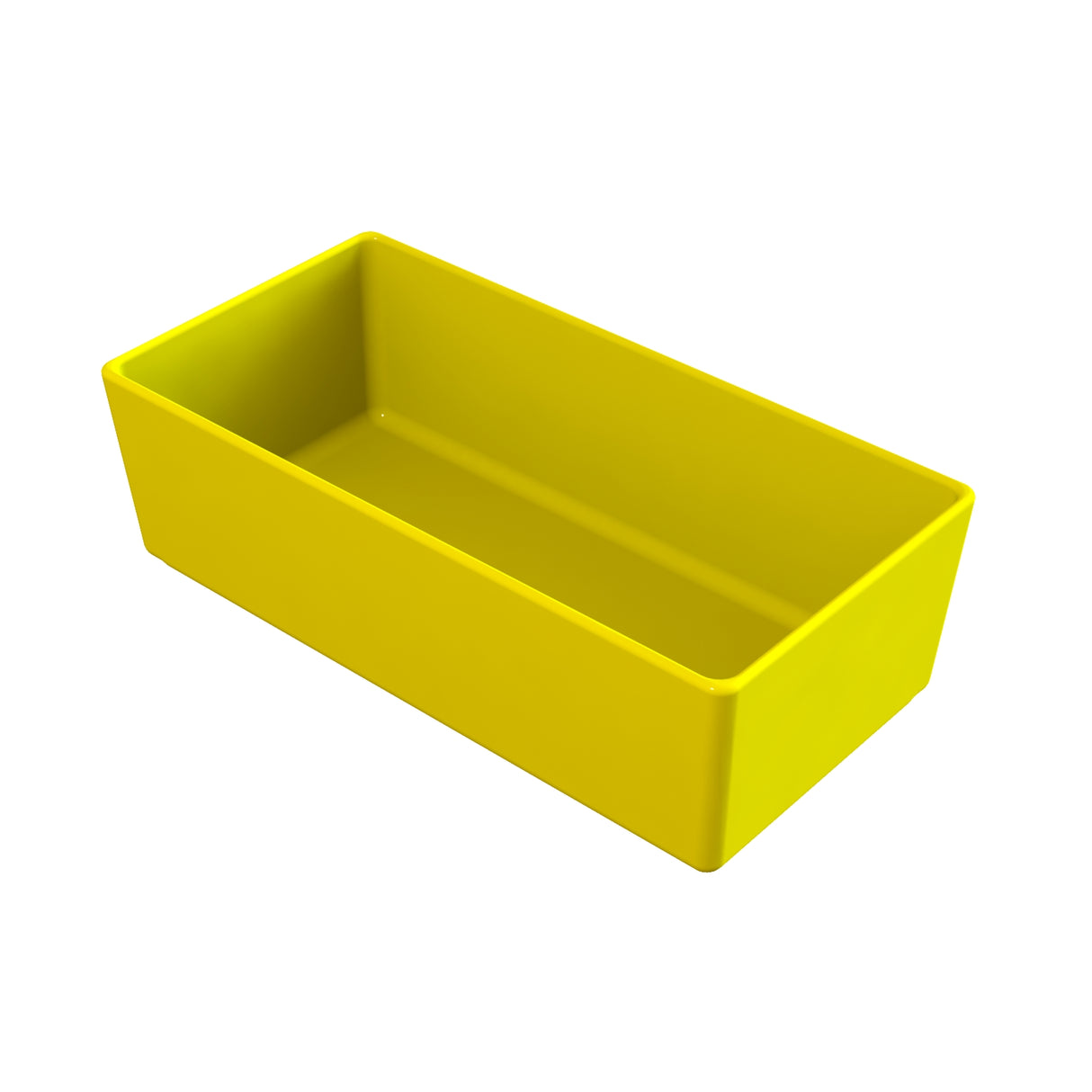 A bright yellow rectangular bowl with smooth sides and no lid, photographed on a white background. The container appears empty and has straight, slightly rounded edges and corners.