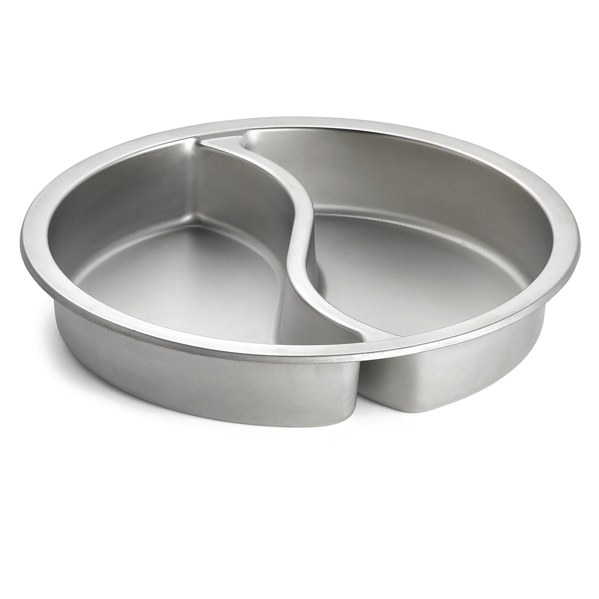 A round stainless steel baking pan with a raised divider in the center, splitting it into two curved sections. The shiny, smooth surface is dishwasher safe, making this Replacement Food Pan ideal for baking two cakes or items at once.
