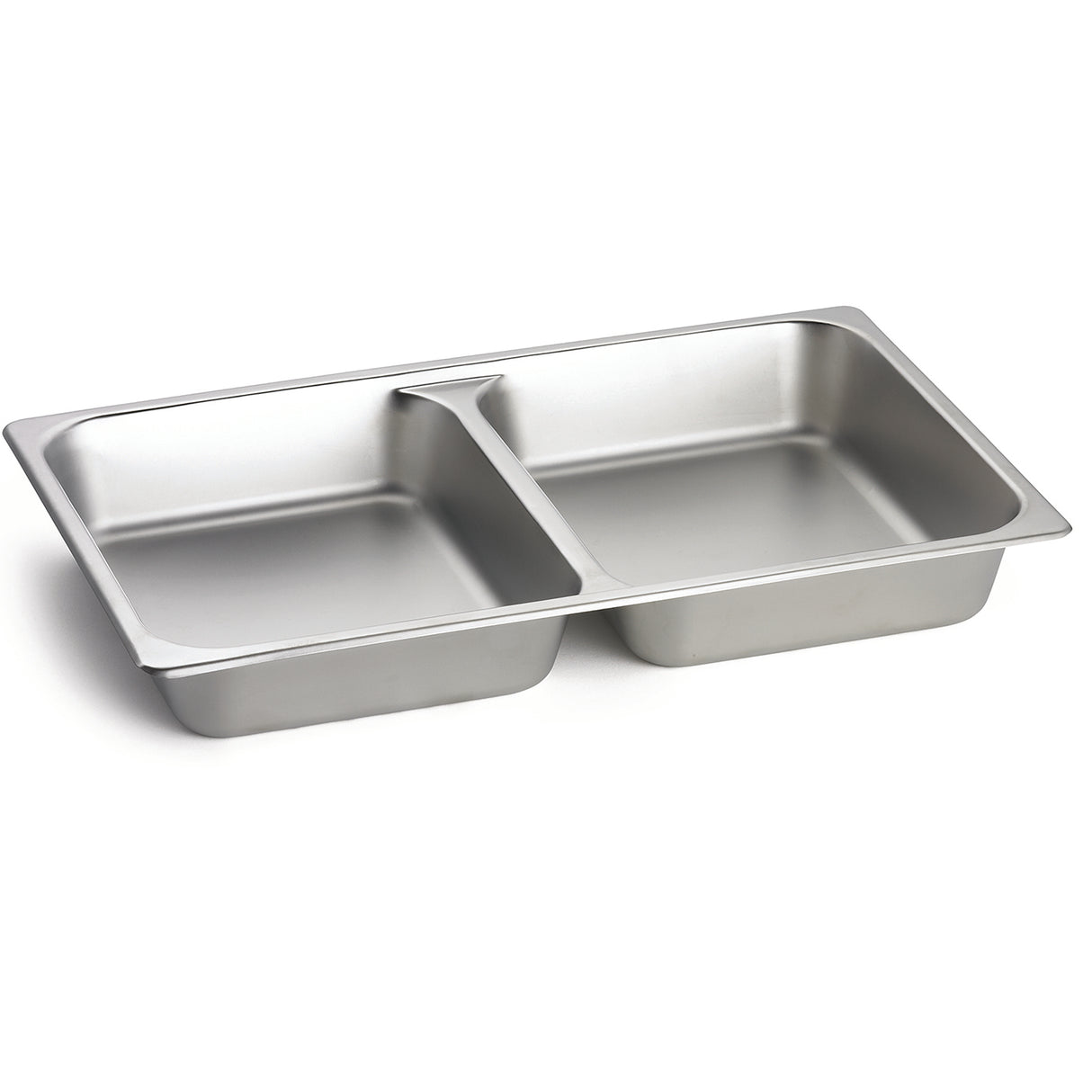 A full size stainless steel double-basin kitchen sink with a central divider, shown empty against a white background. Both basins are rectangular and equally sized, featuring smooth, rounded corners and a brushed metal finish.