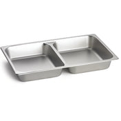 A full size stainless steel double-basin kitchen sink with a central divider, shown empty against a white background. Both basins are rectangular and equally sized, featuring smooth, rounded corners and a brushed metal finish.