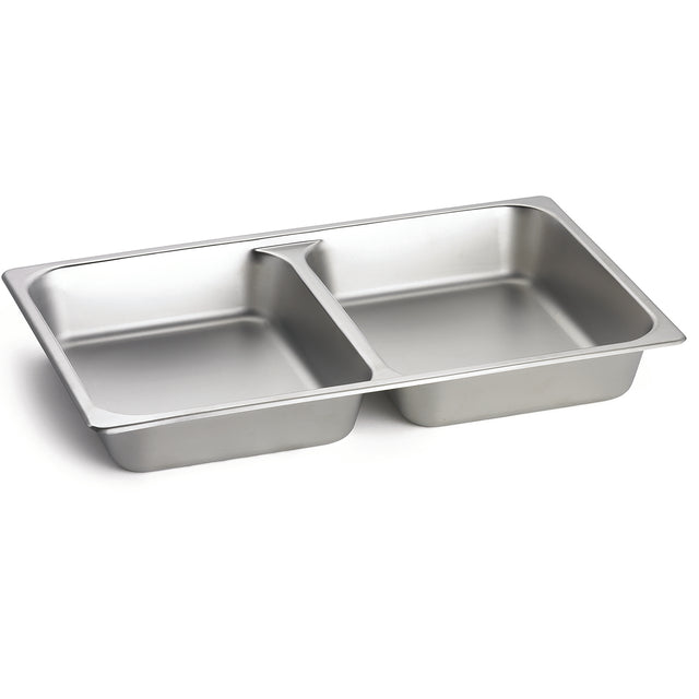 A full size stainless steel double-basin kitchen sink with a central divider, shown empty against a white background. Both basins are rectangular and equally sized, featuring smooth, rounded corners and a brushed metal finish.