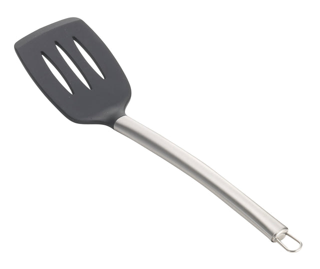 A serving spatula with a curved stainless steel handle and a black, slotted, rectangular head. Three elongated slots are in the head, and a small metal loop at the handle’s end allows for easy hanging. Shown on a white background.