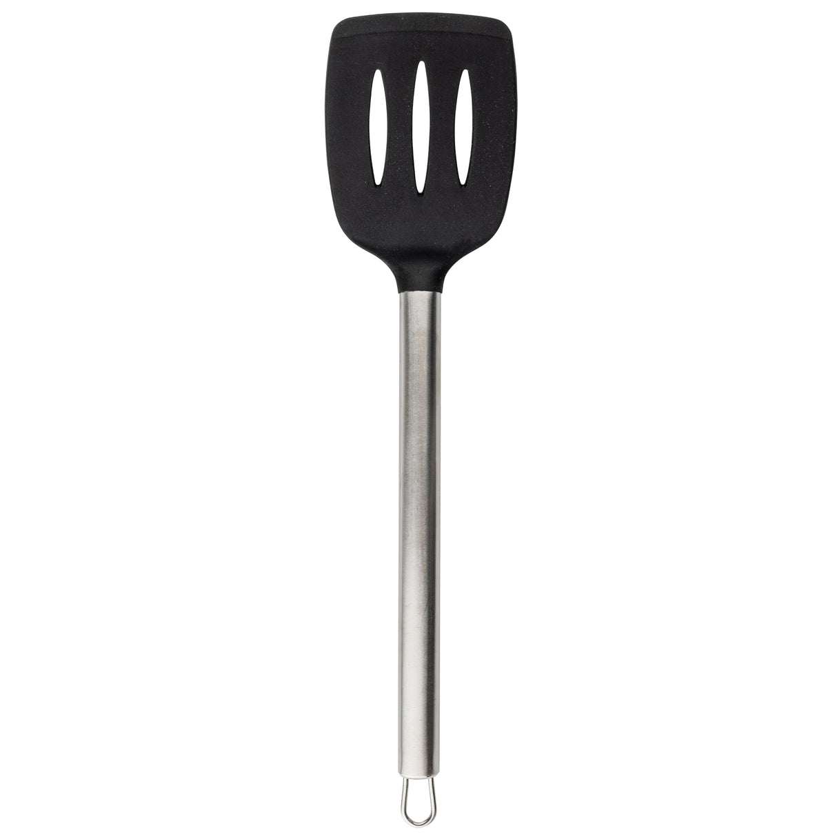 A serving spatula with a long, stainless steel handle and a black, wide, slotted silicone head featuring three vertical holes. The handle includes a small metal loop for hanging. The spatula is set against a plain white background.