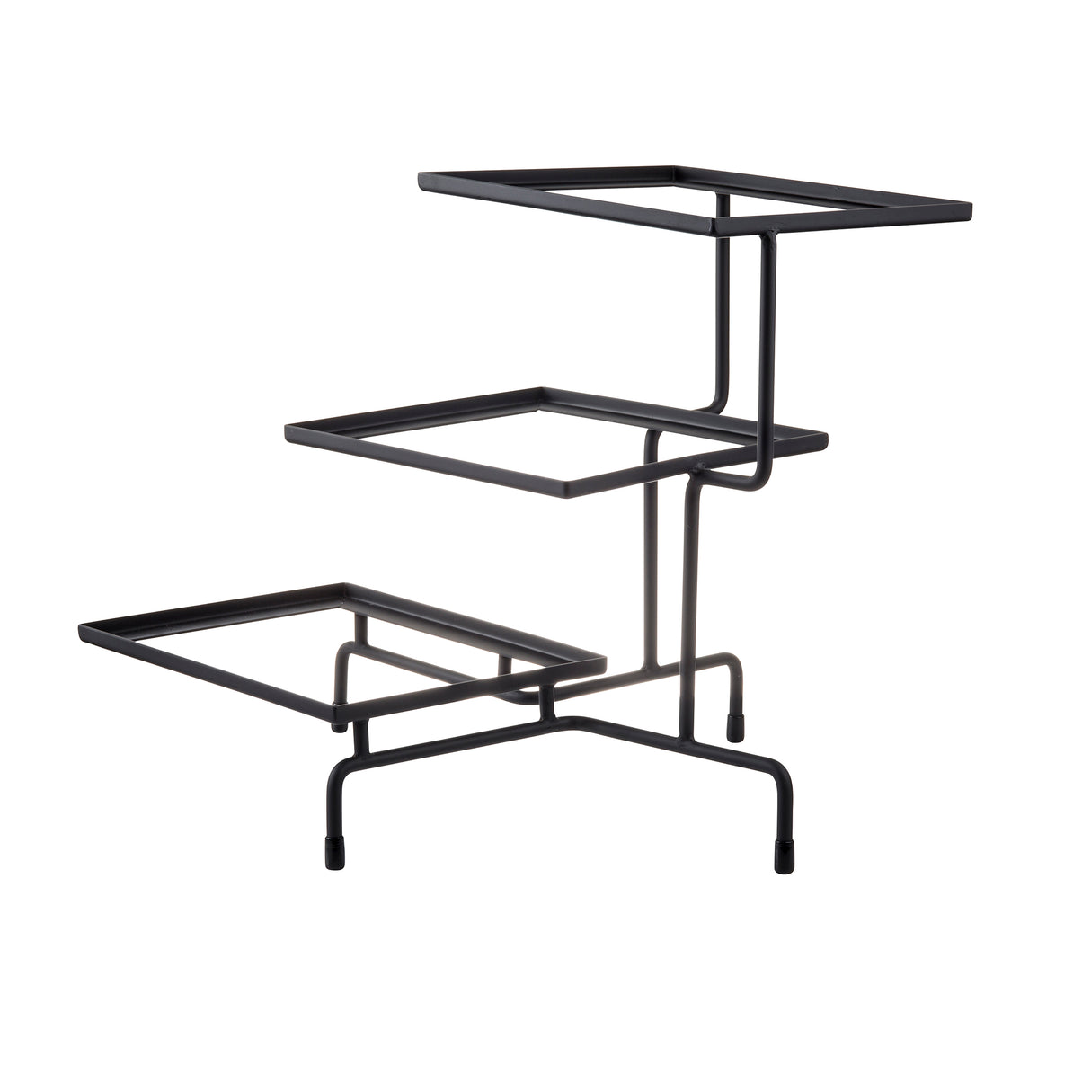 A black steel stand with three square, open-frame shelves arranged at varying heights and angles. This 3-tiered stand features slender legs with rounded feet and a minimalist, geometric design, each shelf supported by thin, interconnected metal rods.