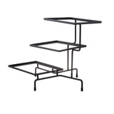 A black steel stand with three square, open-frame shelves arranged at varying heights and angles. This 3-tiered stand features slender legs with rounded feet and a minimalist, geometric design, each shelf supported by thin, interconnected metal rods.