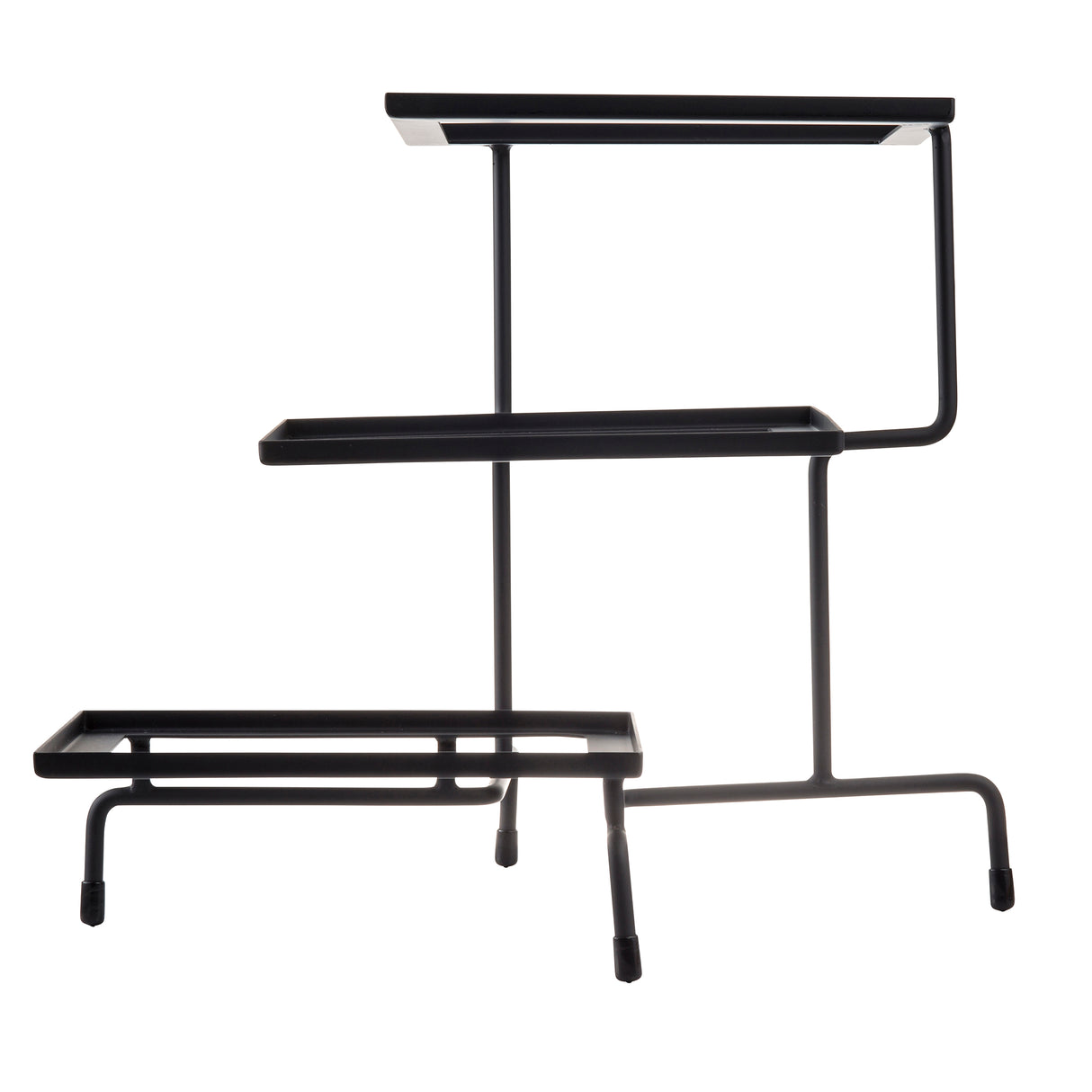 A sleek 3-tiered steel stand with a minimalist design, featuring three rectangular trays at varying heights and angles. Its sturdy black frame creates a modern zigzag silhouette, perfect for displaying plants or half size cooling plates in style.