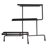 A sleek 3-tiered steel stand with a minimalist design, featuring three rectangular trays at varying heights and angles. Its sturdy black frame creates a modern zigzag silhouette, perfect for displaying plants or half size cooling plates in style.